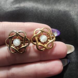 Vintage P&F Gold-Tone Knot Earrings with White Cats Eye Cabochon - Women Jewelry